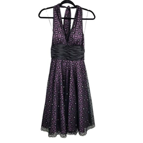 90's Formal Dress 6 Spiderweb Halter Fit & Flare Purple Black Gothic Fairy Witch - Picture 5 of 12